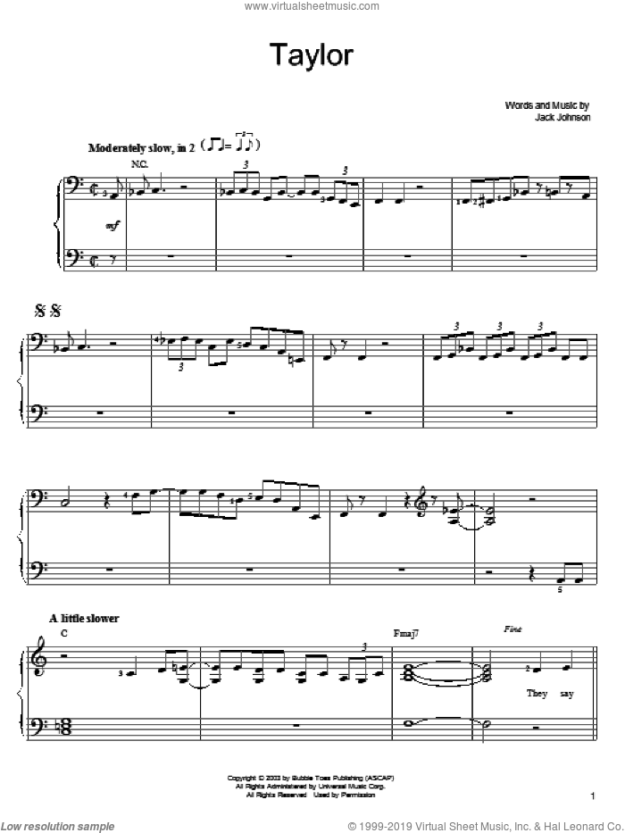 Taylor sheet music for piano solo by Jack Johnson, easy skill level