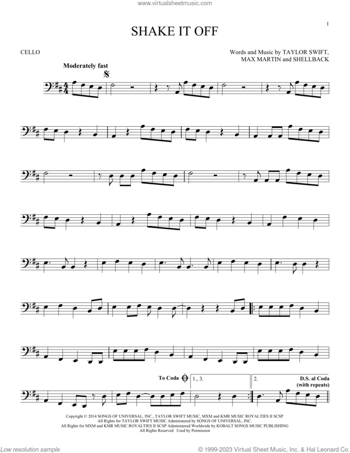 Shake It Off sheet music for cello solo by Taylor Swift, Johan Schuster, Max Martin and Shellback, intermediate skill level