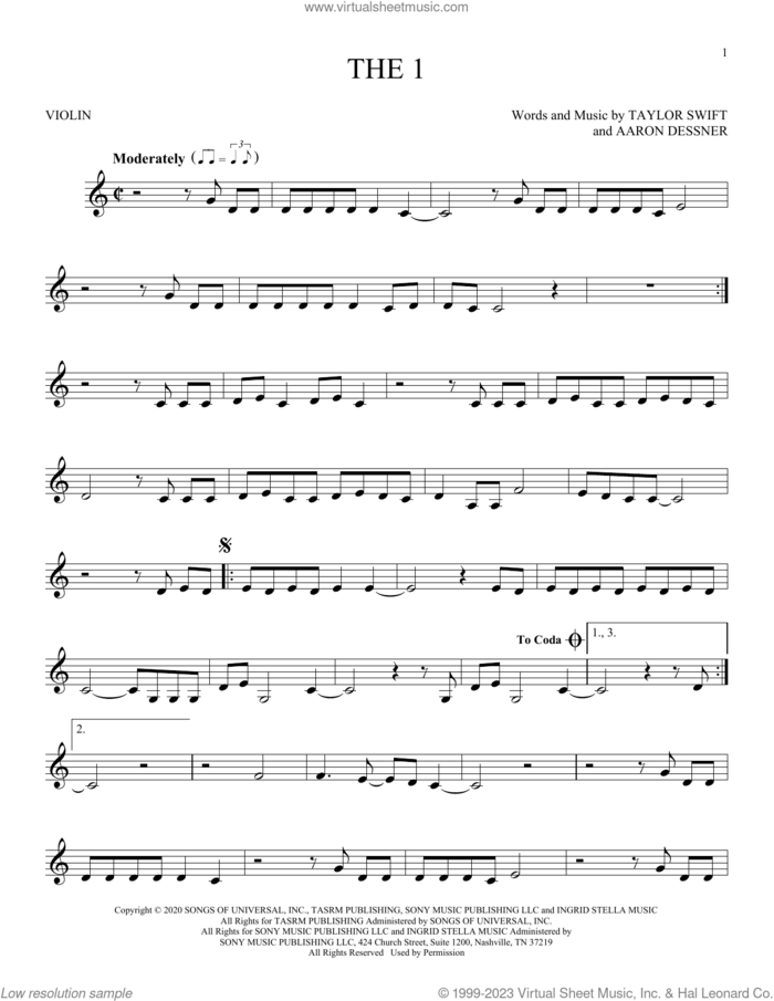 the 1 sheet music for violin solo by Taylor Swift and Aaron Dessner, intermediate skill level