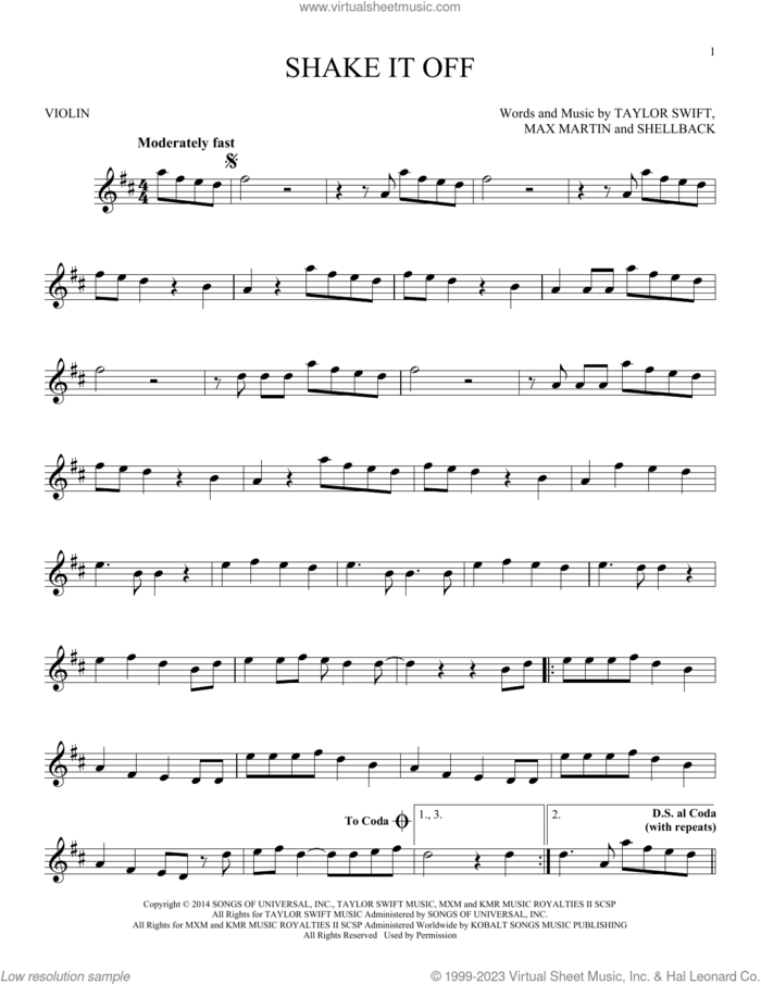 Shake It Off sheet music for violin solo by Taylor Swift, Johan Schuster, Max Martin and Shellback, intermediate skill level