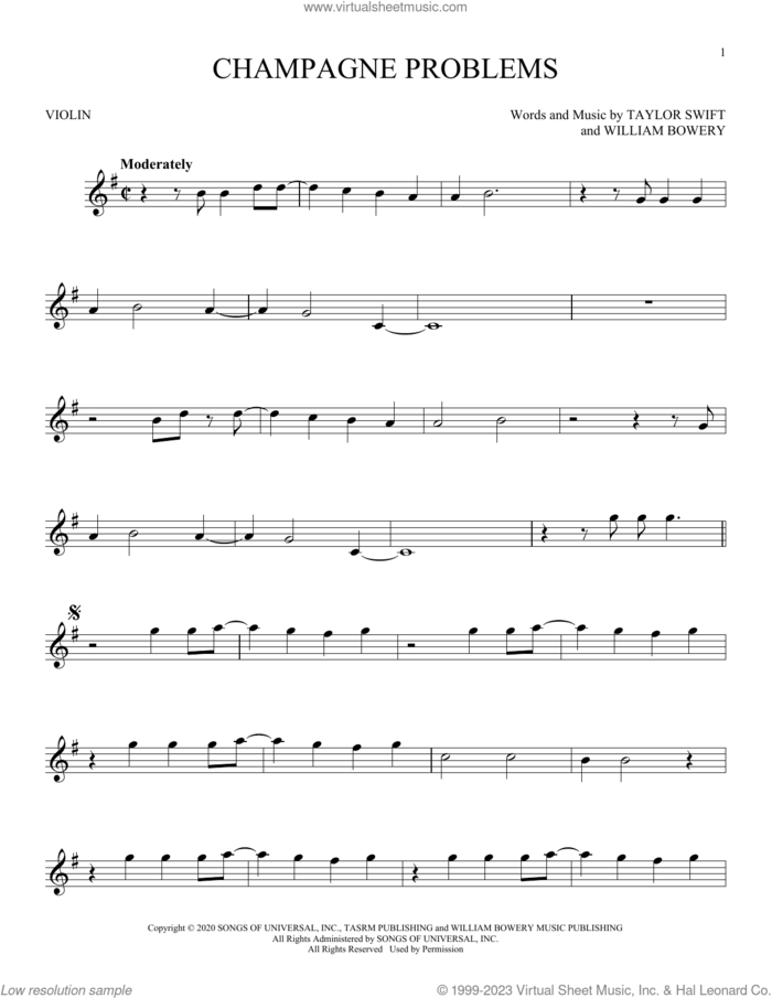 champagne problems sheet music for violin solo by Taylor Swift and William Bowery, intermediate skill level