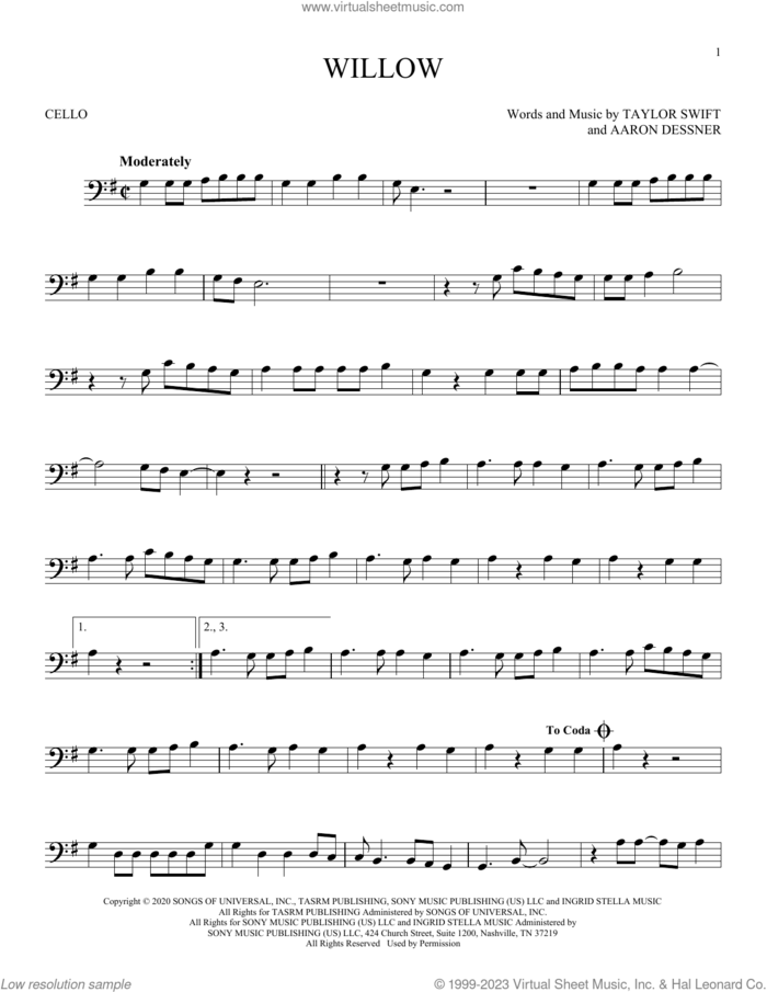 willow sheet music for cello solo by Taylor Swift and Aaron Dessner, intermediate skill level