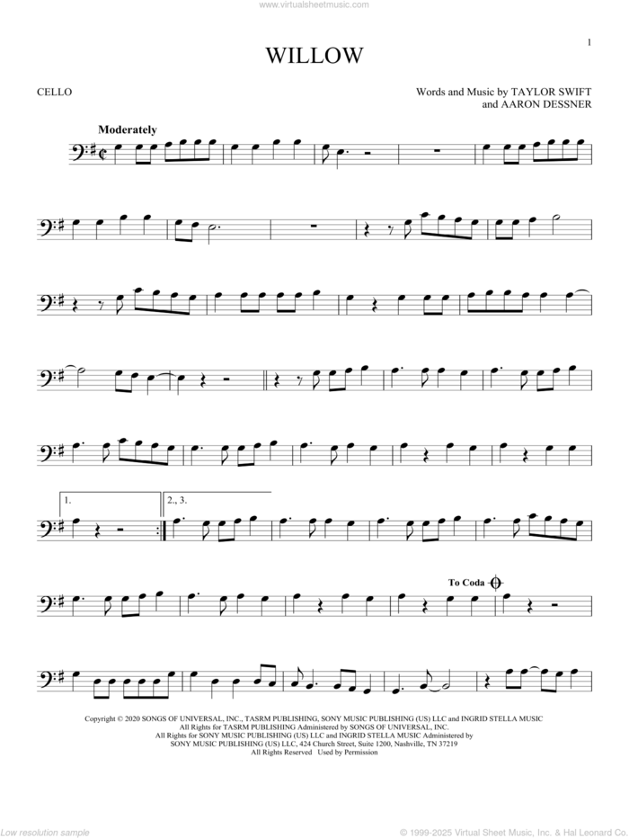 willow sheet music for cello solo by Taylor Swift and Aaron Dessner, intermediate skill level