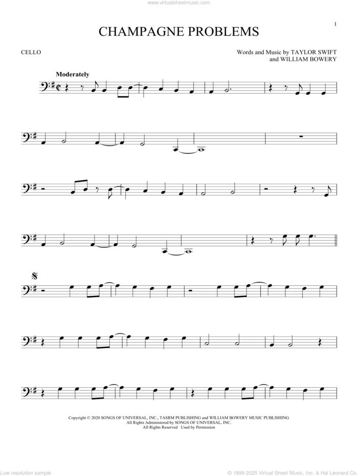 champagne problems sheet music for cello solo by Taylor Swift and William Bowery, intermediate skill level