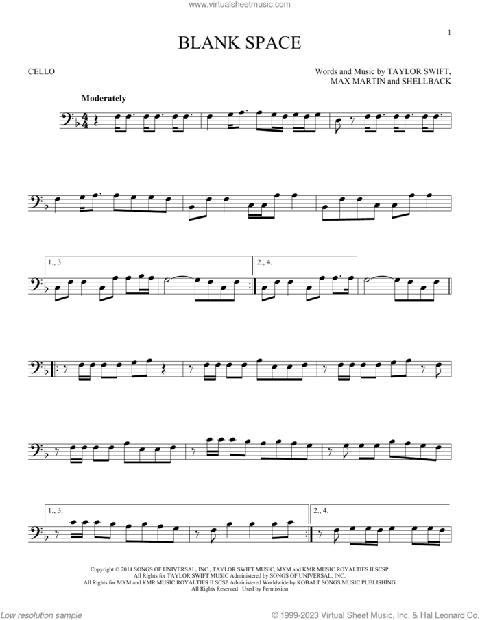 Blank Space sheet music for cello solo by Taylor Swift, Johan Schuster, Max Martin and Shellback, intermediate skill level