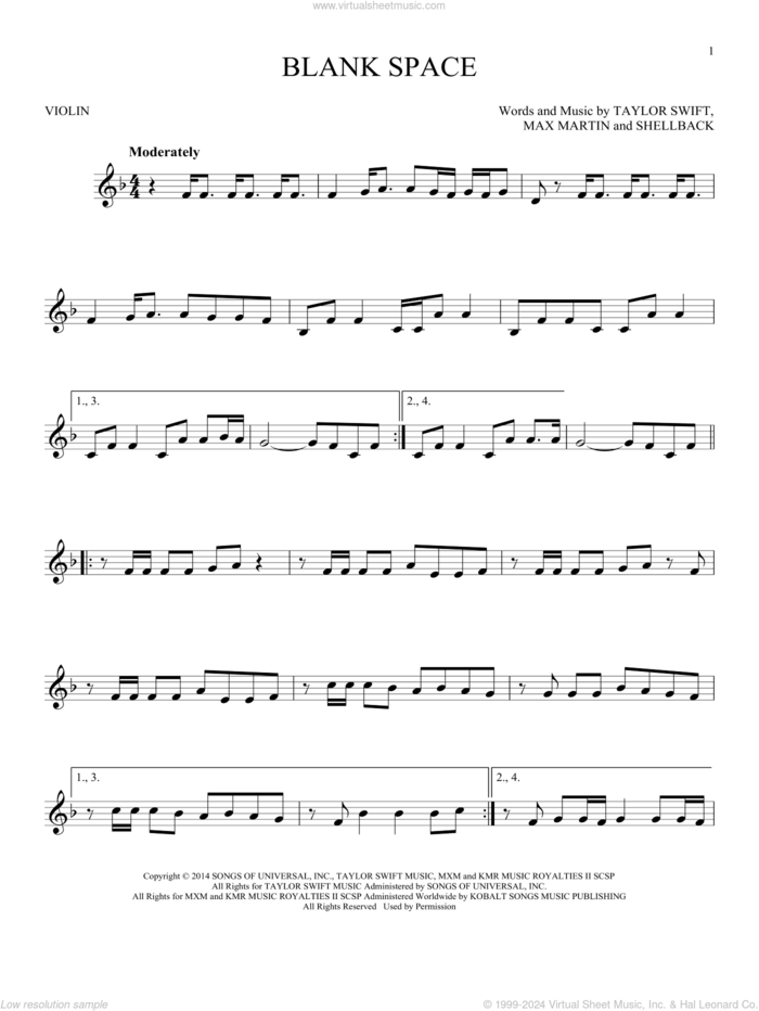 Blank Space sheet music for violin solo by Taylor Swift, Johan Schuster, Max Martin and Shellback, intermediate skill level