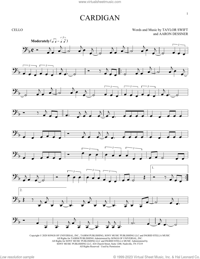 cardigan sheet music for cello solo by Taylor Swift and Aaron Dessner, intermediate skill level