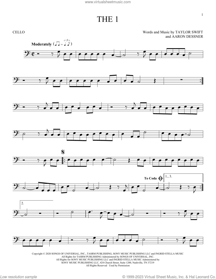 the 1 sheet music for cello solo by Taylor Swift and Aaron Dessner, intermediate skill level