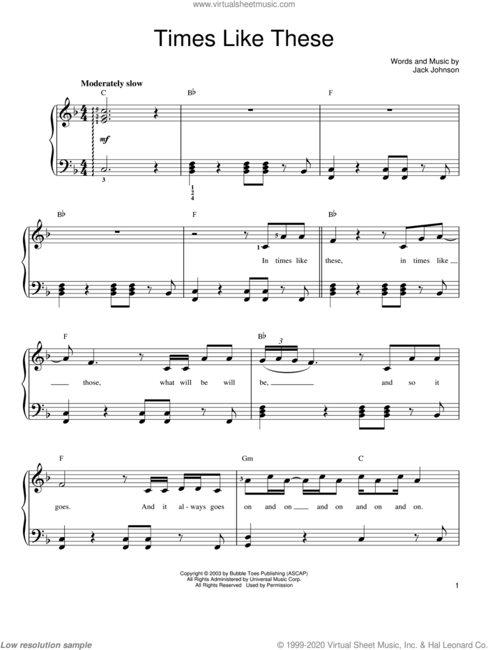 Times Like These sheet music for piano solo by Jack Johnson, easy skill level