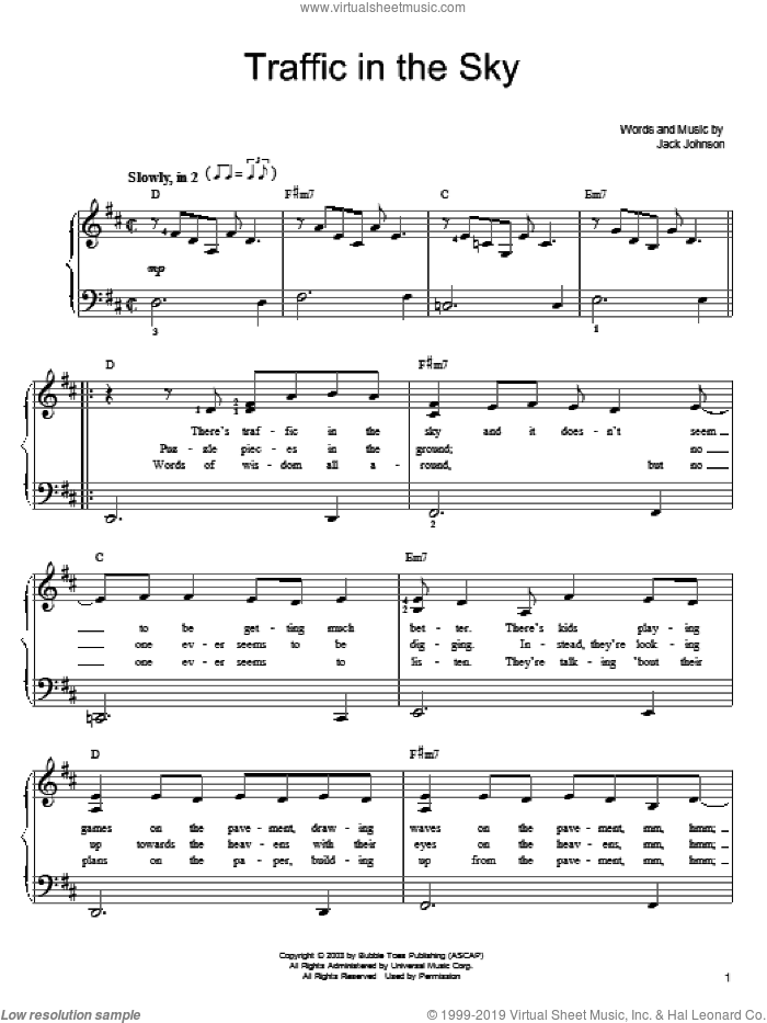 Traffic In The Sky sheet music for piano solo by Jack Johnson, easy skill level
