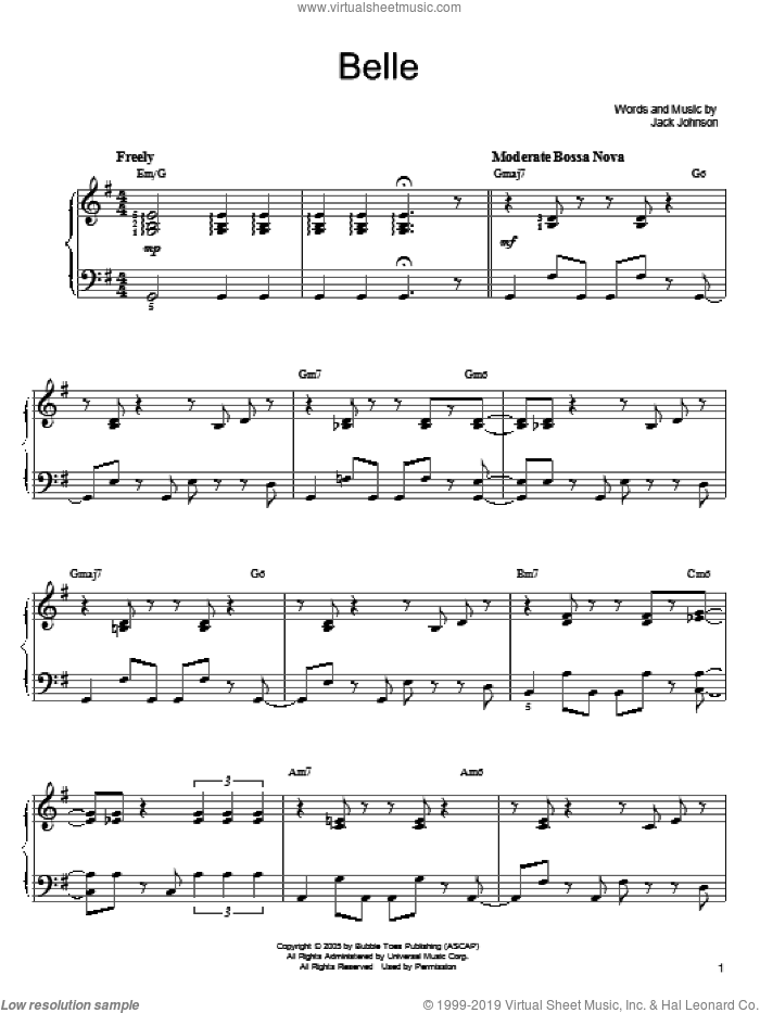 Belle sheet music for piano solo by Jack Johnson, easy skill level