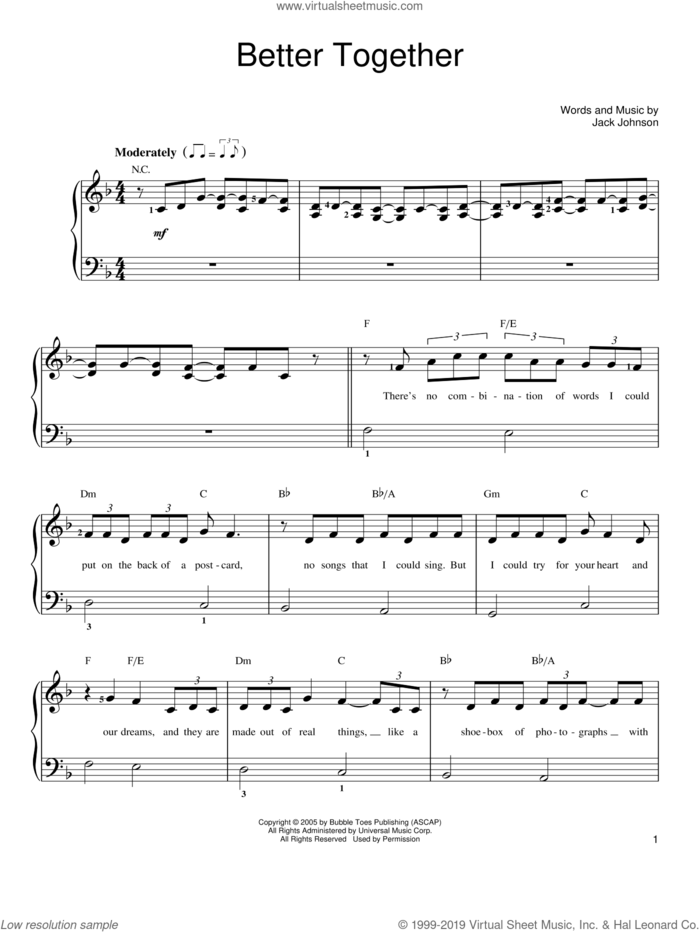 Better Together sheet music for piano solo by Jack Johnson, easy skill level