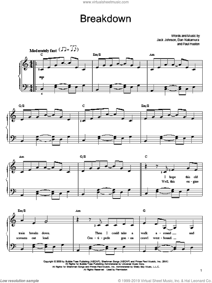 Breakdown sheet music for piano solo by Jack Johnson, Dan Nakamura and Paul Huston, easy skill level