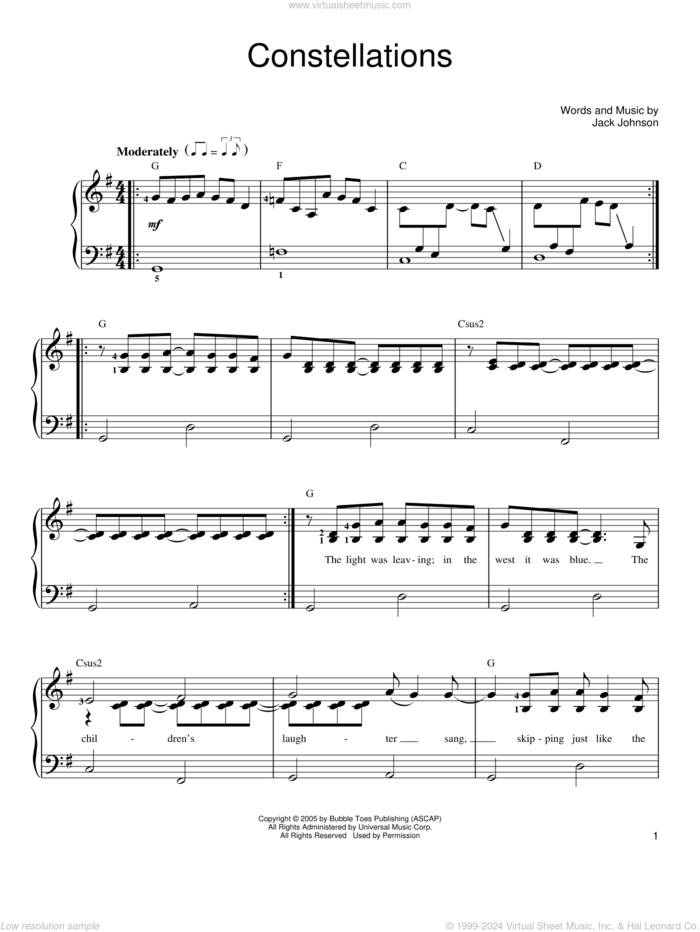 Constellations sheet music for piano solo by Jack Johnson, easy skill level