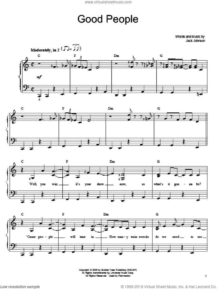 Good People sheet music for piano solo by Jack Johnson, easy skill level