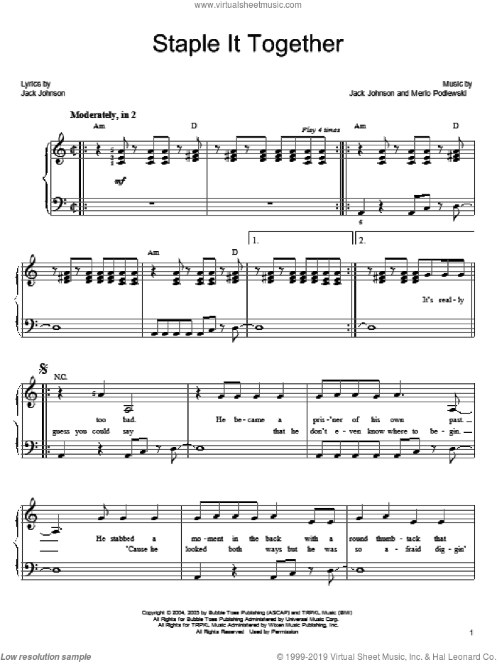 Staple It Together sheet music for piano solo by Jack Johnson and Merlo Podlewski, easy skill level
