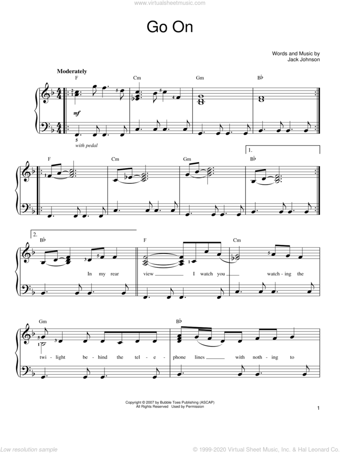 Go On sheet music for piano solo by Jack Johnson, easy skill level
