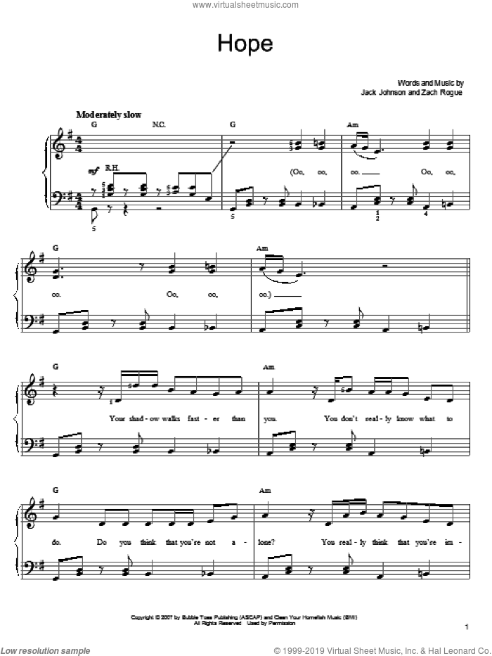 Hope sheet music for piano solo by Jack Johnson and Zach Rogue, easy skill level