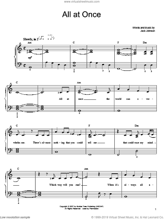 All At Once sheet music for piano solo by Jack Johnson, easy skill level