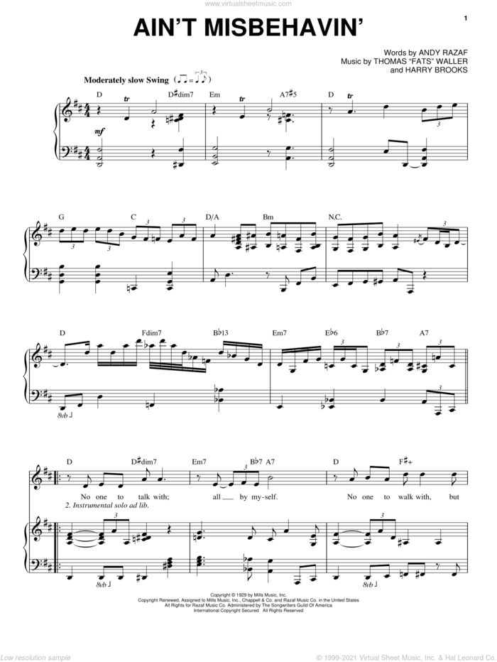 Ain't Misbehavin' sheet music for voice and piano by Steve Tyrell, Thomas Waller, Andy Razaf, Thomas Waller and Harry Brooks, intermediate skill level