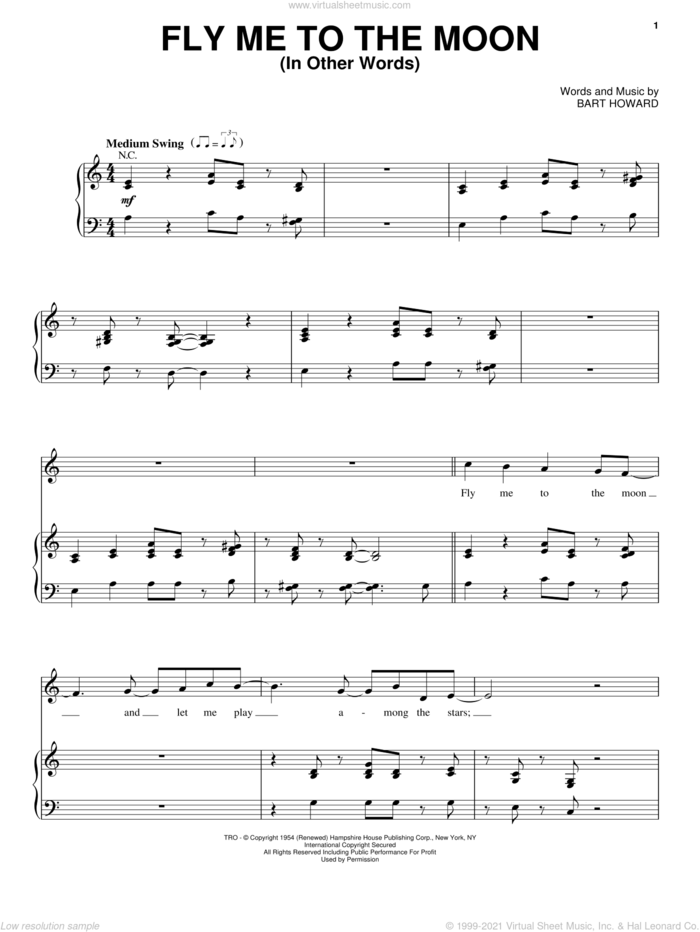 Fly Me To The Moon (In Other Words) sheet music for voice and piano by Steve Tyrell, Frank Sinatra and Bart Howard, wedding score, intermediate skill level