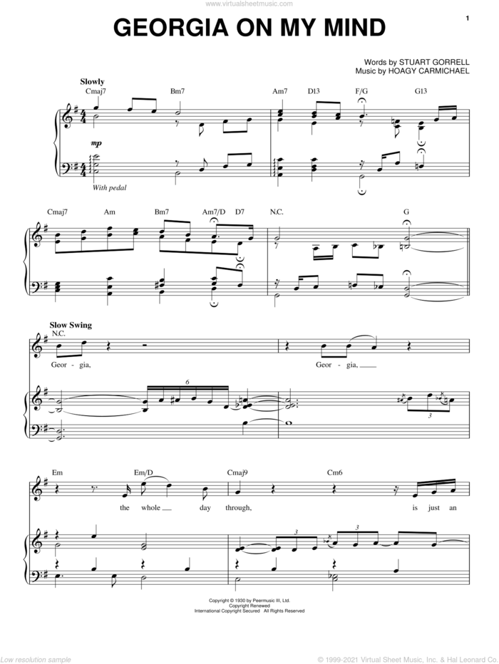 Georgia On My Mind sheet music for voice and piano by Steve Tyrell, Hoagy Carmichael and Stuart Gorrell, intermediate skill level