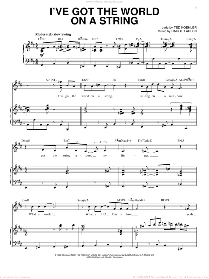 I've Got The World On A String sheet music for voice and piano by Steve Tyrell, Harold Arlen and Ted Koehler, intermediate skill level