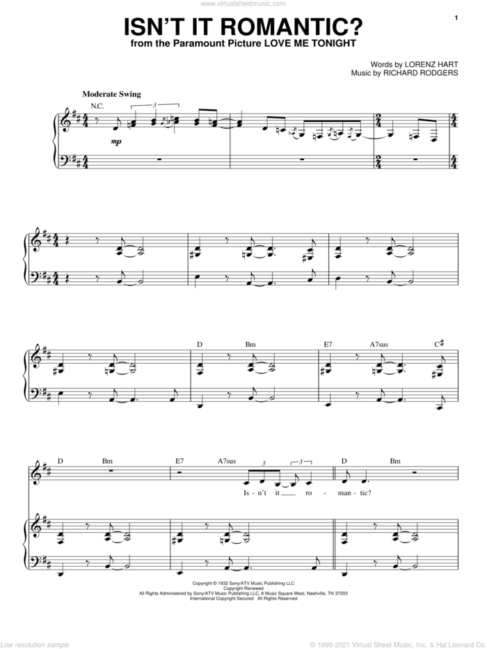 Isn't It Romantic? sheet music for voice and piano by Steve Tyrell, Rodgers & Hart, Lorenz Hart and Richard Rodgers, intermediate skill level
