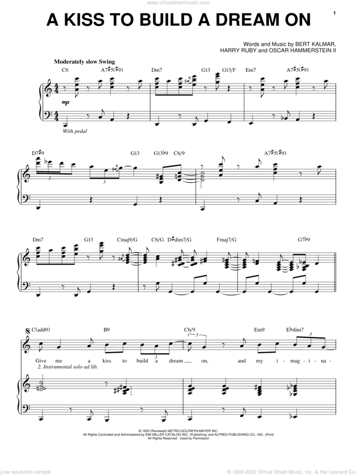 A Kiss To Build A Dream On sheet music for voice and piano by Steve Tyrell, Bert Kalmar, Harry Ruby and Oscar II Hammerstein, wedding score, intermediate skill level