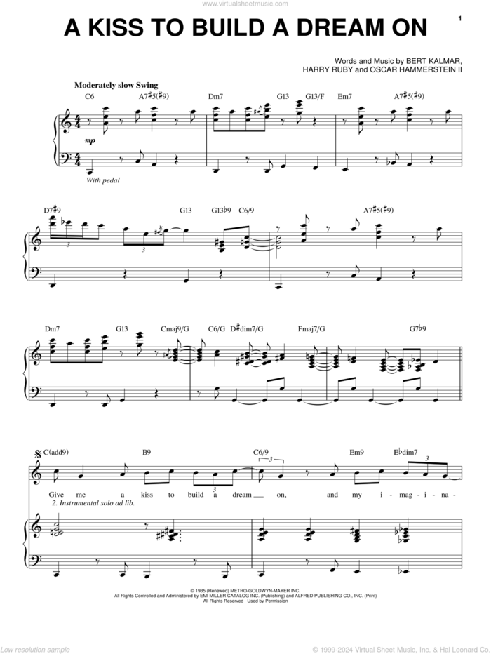 A Kiss To Build A Dream On sheet music for voice and piano by Steve Tyrell, Bert Kalmar, Harry Ruby and Oscar II Hammerstein, wedding score, intermediate skill level