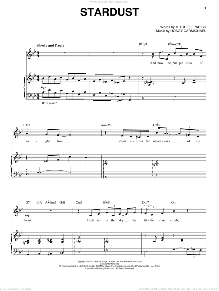 Stardust sheet music for voice and piano by Steve Tyrell, Hoagy Carmichael and Mitchell Parish, intermediate skill level