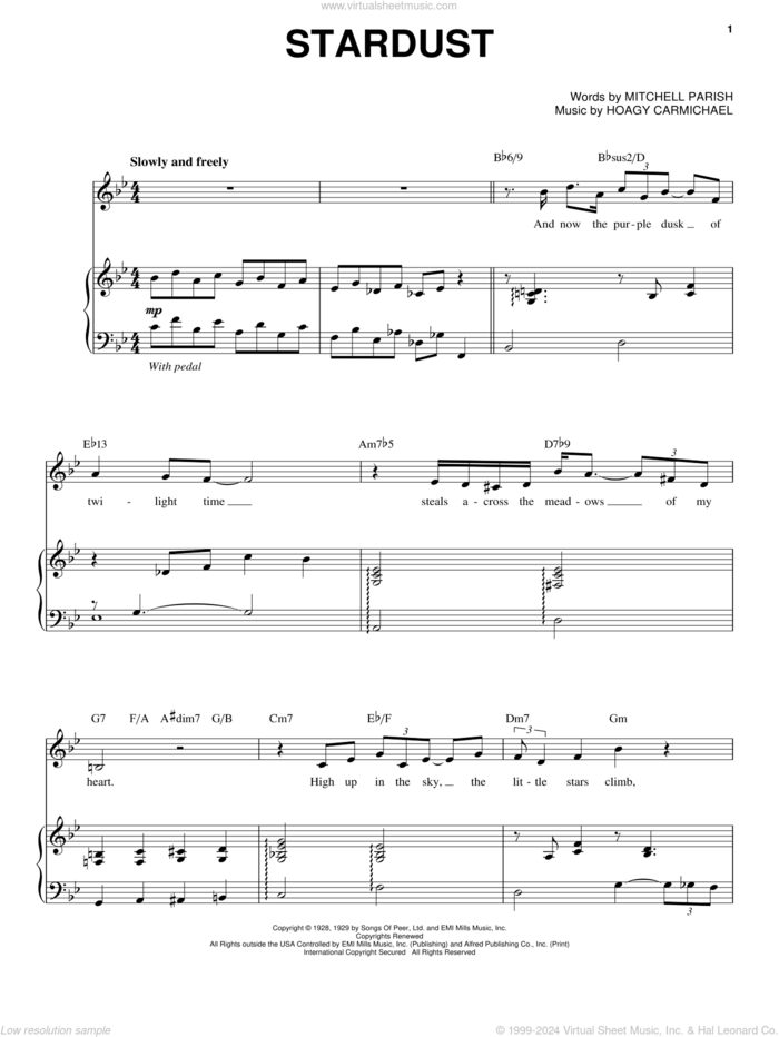 Stardust sheet music for voice and piano by Steve Tyrell, Hoagy Carmichael and Mitchell Parish, intermediate skill level