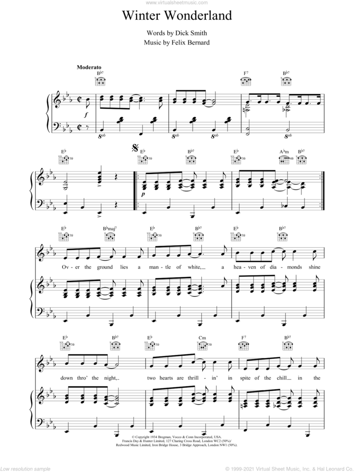 Winter Wonderland sheet music for piano solo by Felix Bernard and Dick Smith, intermediate skill level