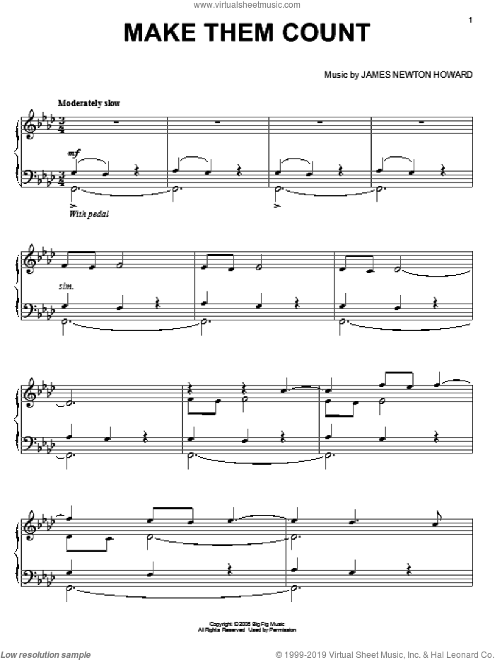 Make Them Count sheet music for piano solo by James Newton Howard and Defiance (Movie), intermediate skill level