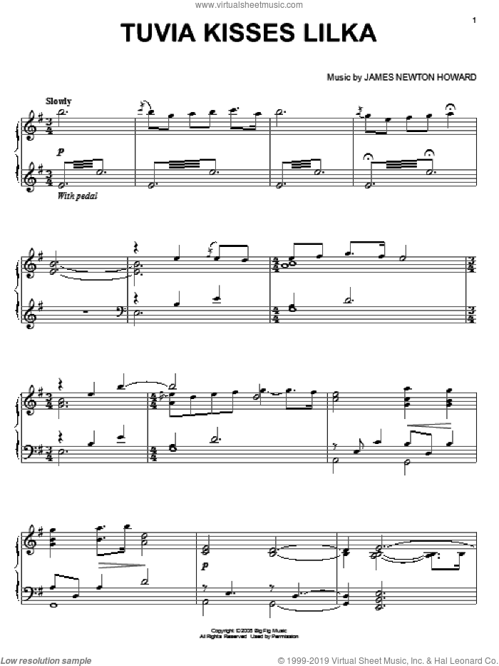 Tuvia Kisses Lilka sheet music for piano solo by James Newton Howard and Defiance (Movie), intermediate skill level