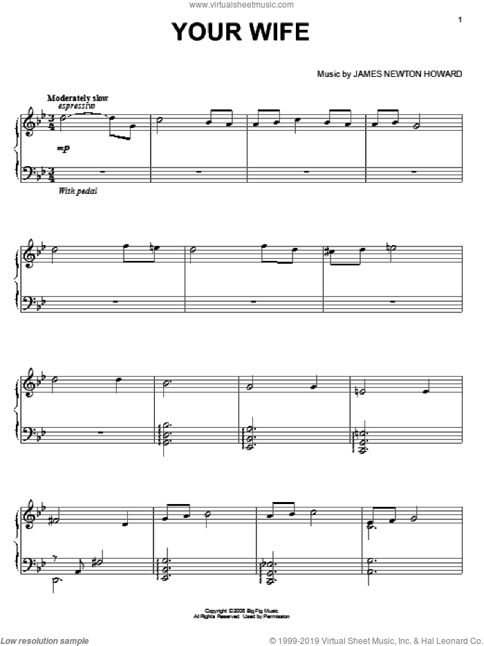 Your Wife sheet music for piano solo by James Newton Howard and Defiance (Movie), intermediate skill level