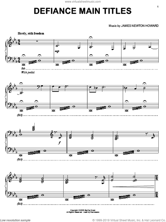 Defiance Main Titles sheet music for piano solo by James Newton Howard and Defiance (Movie), intermediate skill level