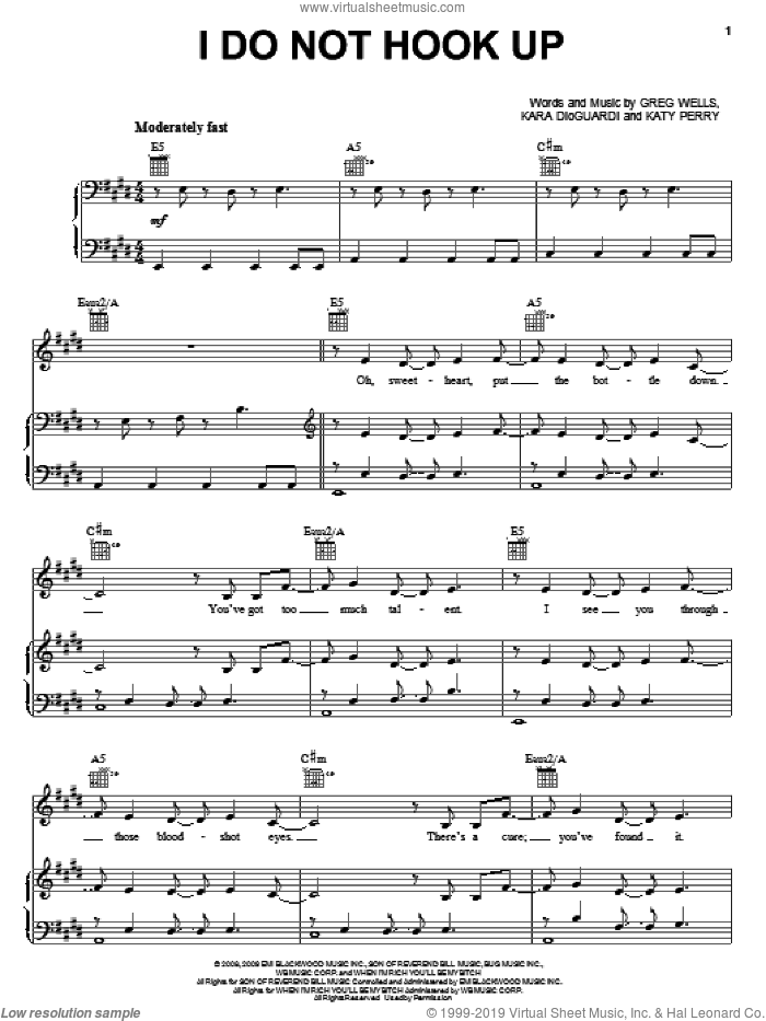 I Do Not Hook Up sheet music for voice, piano or guitar by Kelly Clarkson, Greg Wells, Kara DioGuardi and Katy Perry, intermediate skill level