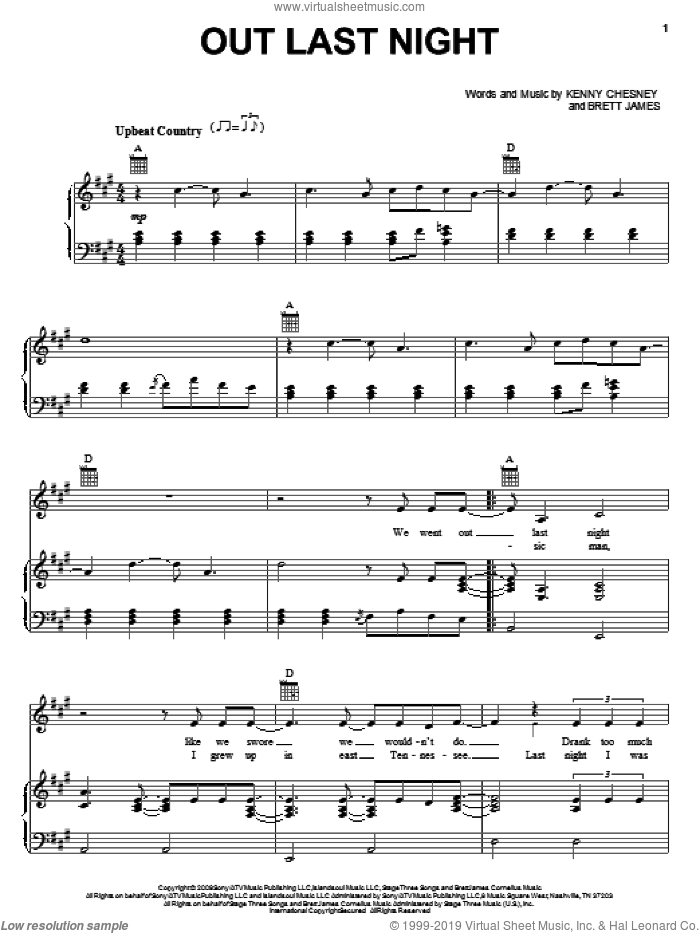 Out Last Night sheet music for voice, piano or guitar by Kenny Chesney and Brett James, intermediate skill level