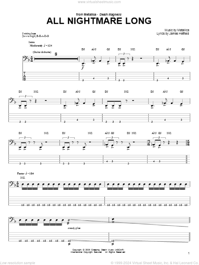 All Nightmare Long sheet music for bass (tablature) (bass guitar) by Metallica and James Hetfield, intermediate skill level