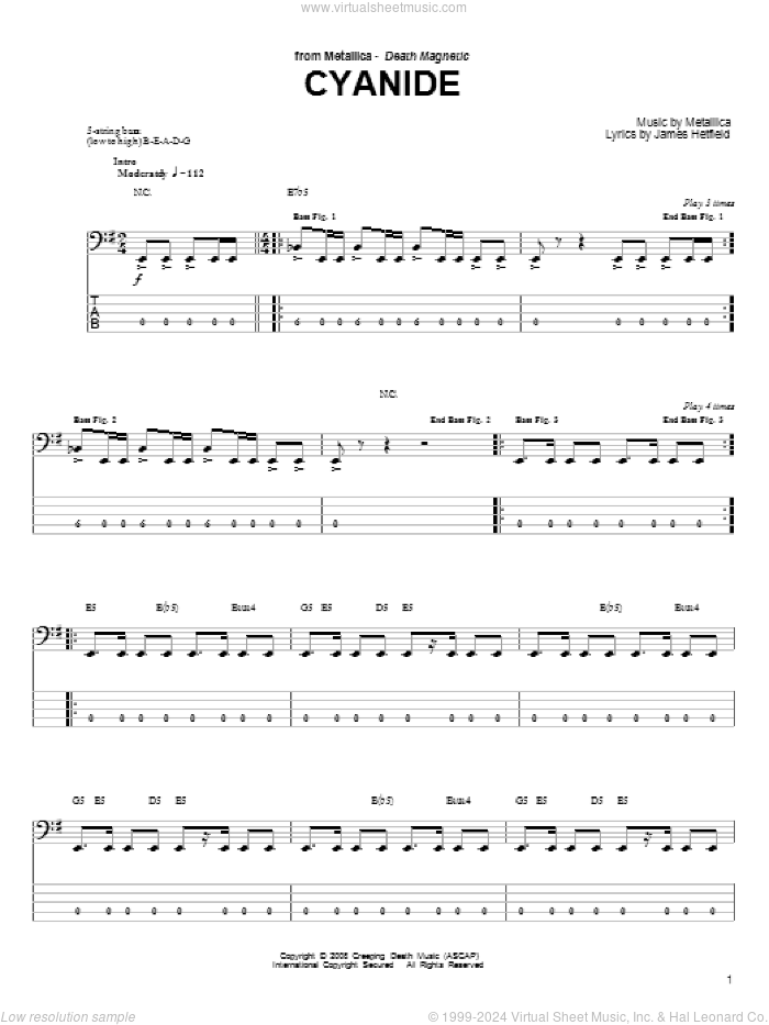 Cyanide sheet music for bass (tablature) (bass guitar) by Metallica and James Hetfield, intermediate skill level