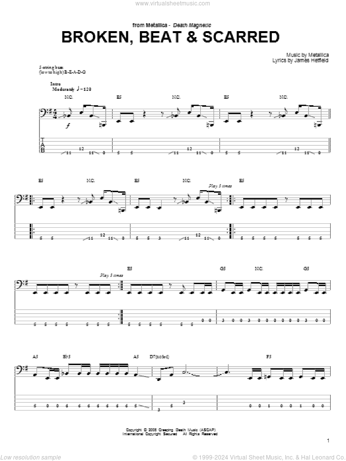 Broken, Beat and Scarred sheet music for bass (tablature) (bass guitar) by Metallica and James Hetfield, intermediate skill level