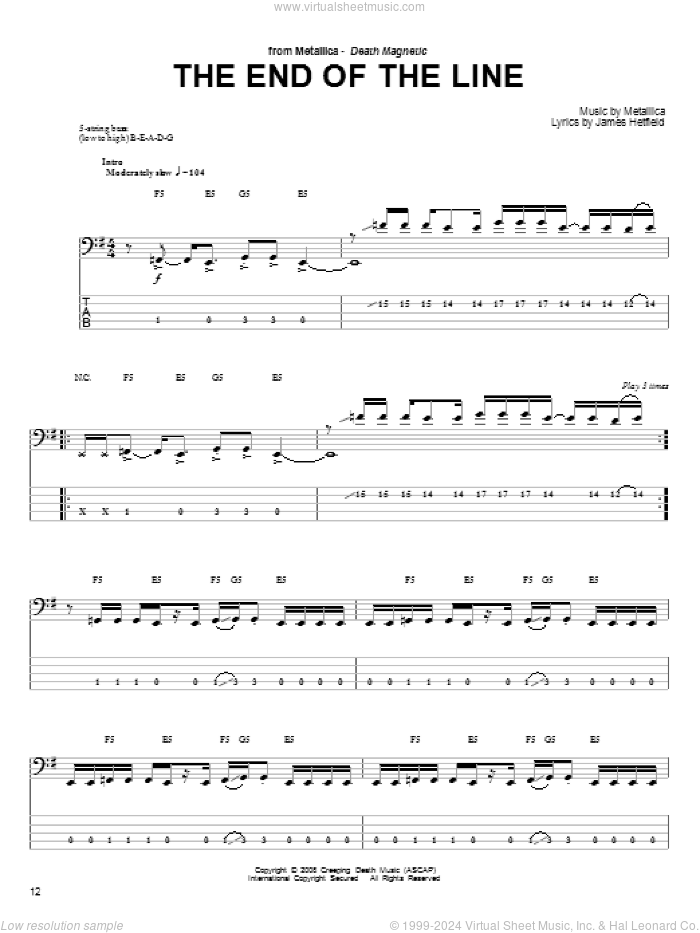 The End Of The Line sheet music for bass (tablature) (bass guitar) by Metallica and James Hetfield, intermediate skill level
