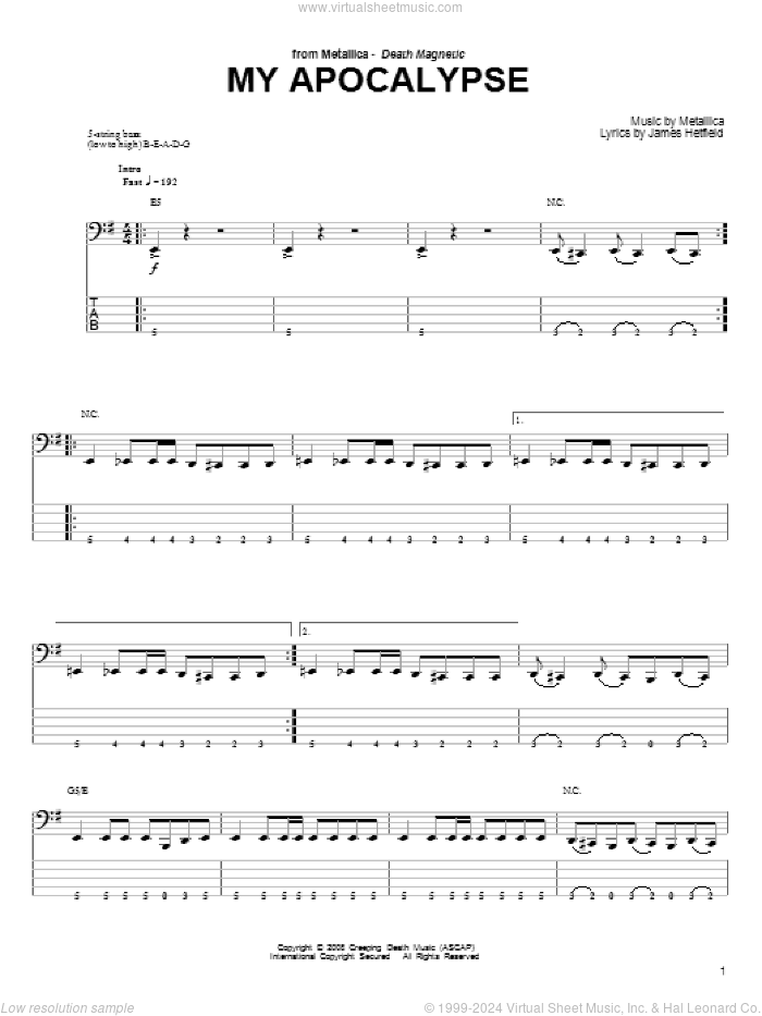 My Apocalypse sheet music for bass (tablature) (bass guitar) by Metallica and James Hetfield, intermediate skill level