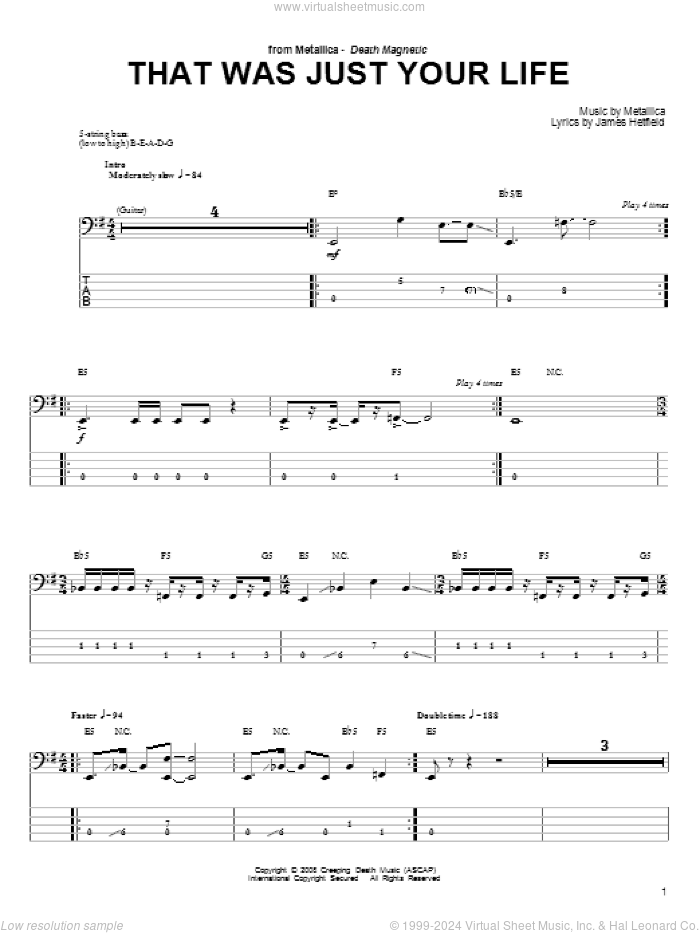 That Was Just Your Life sheet music for bass (tablature) (bass guitar) by Metallica and James Hetfield, intermediate skill level