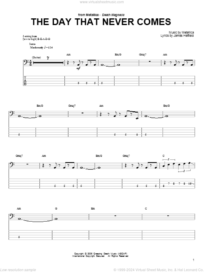 The Day That Never Comes sheet music for bass (tablature) (bass guitar) by Metallica and James Hetfield, intermediate skill level