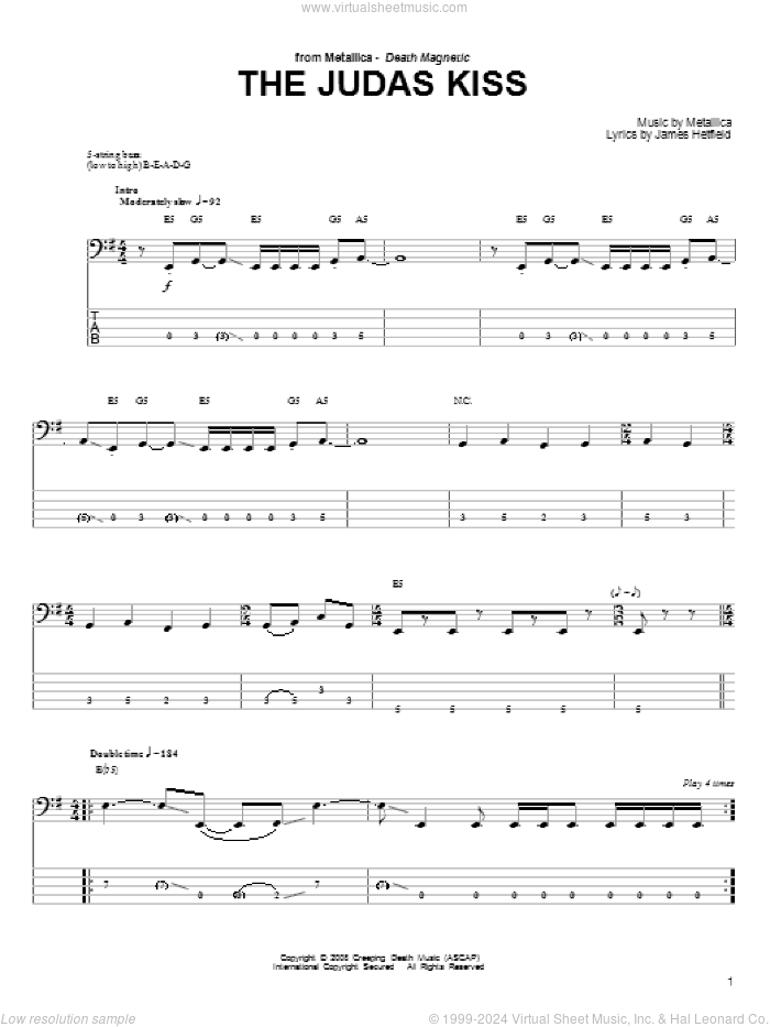The Judas Kiss sheet music for bass (tablature) (bass guitar) by Metallica and James Hetfield, intermediate skill level