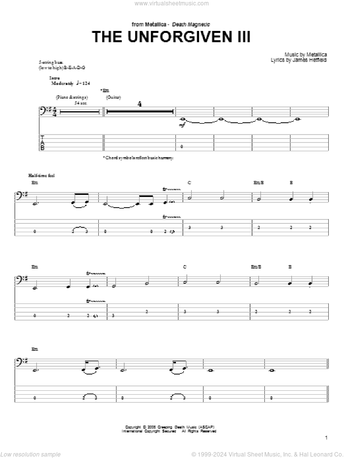 The Unforgiven III sheet music for bass (tablature) (bass guitar) by Metallica and James Hetfield, intermediate skill level