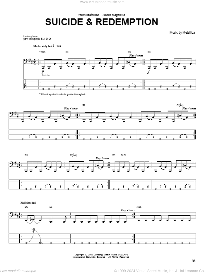 Suicide and Redemption sheet music for bass (tablature) (bass guitar) by Metallica, intermediate skill level
