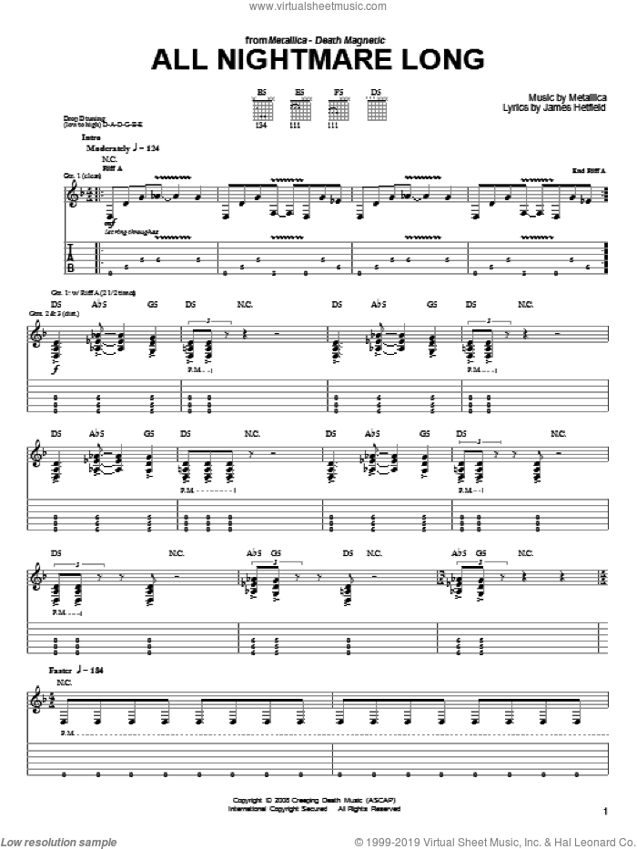 All Nightmare Long sheet music for guitar solo (easy tablature) by Metallica and James Hetfield, easy guitar (easy tablature)